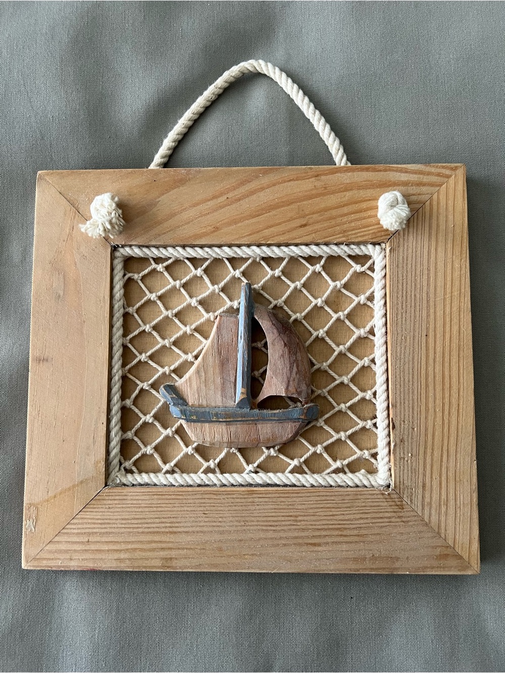 Wooden Rope Nautical Sailboat Wall Hanging in Rustic Natural Wood